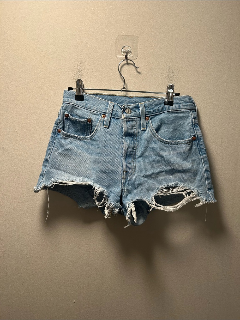 Levi's Light Blue High-Waist Distressed Denim Shorts w/ button fly